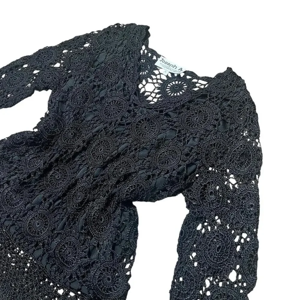 VTG 90s Joseph A. Black Open Knit Crochet Bell Sleeve Whimsygoth Blouse XL/L